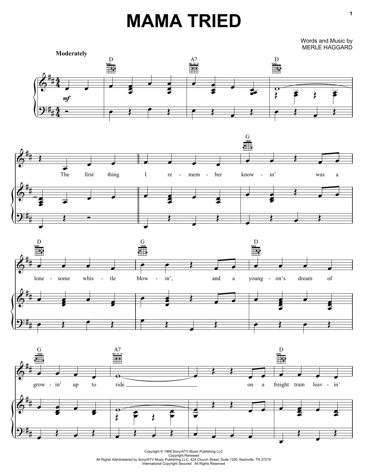 Download Merle Haggard Mama Tried Sheet Music and learn how to play Melody Line, Lyrics & Chords PDF digital score in minutes