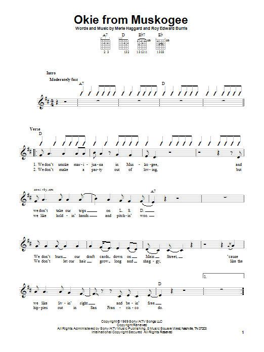 Download Merle Haggard Okie From Muskogee Sheet Music and learn how to play Easy Guitar Tab PDF digital score in minutes