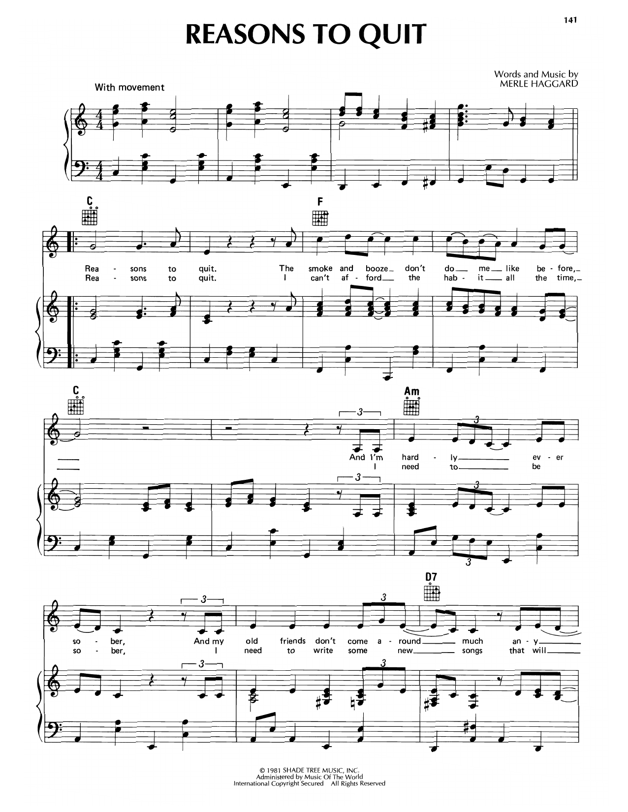 Download Merle Haggard Reasons To Quit Sheet Music and learn how to play Piano, Vocal & Guitar Chords (Right-Hand Melody) PDF digital score in minutes