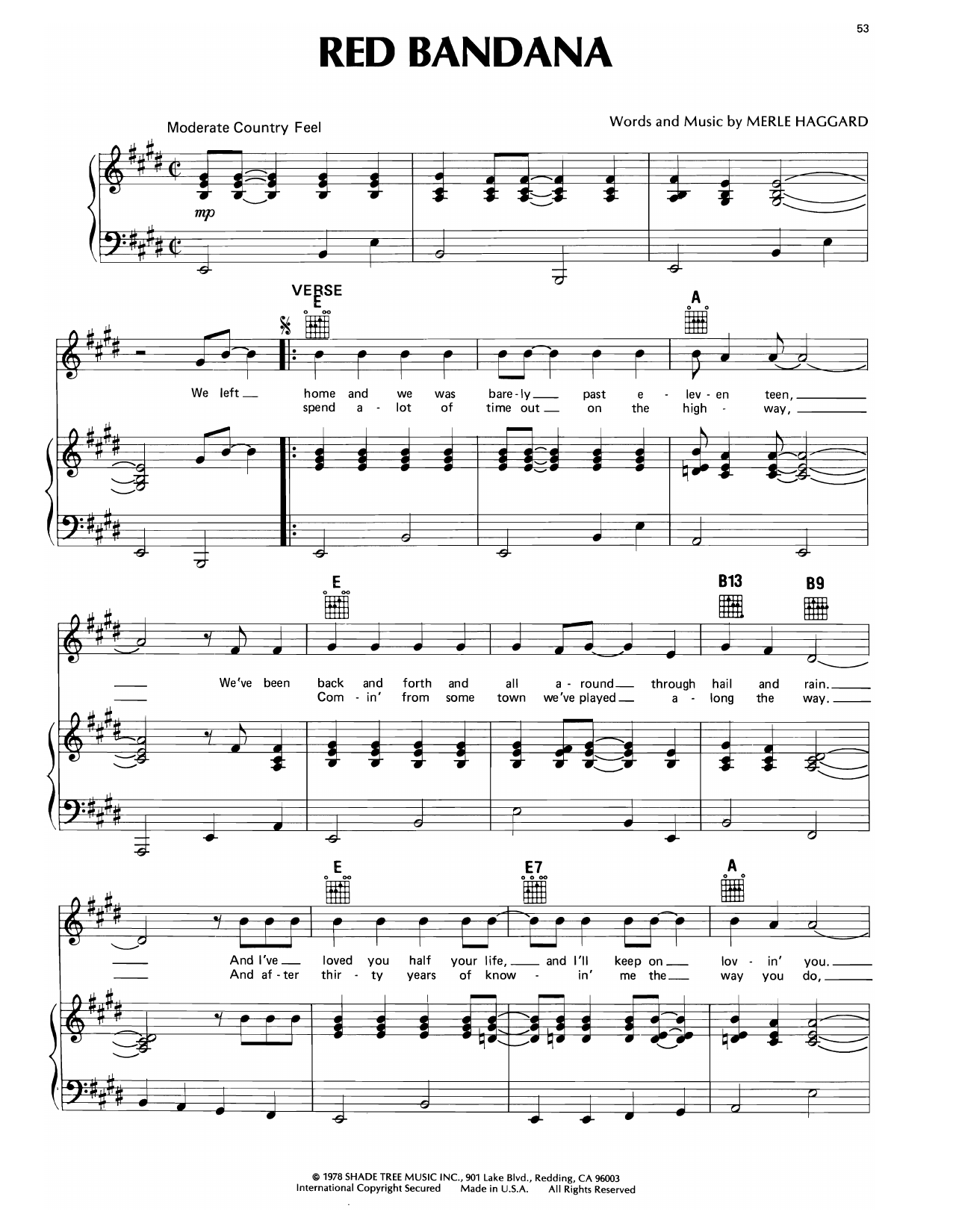 Download Merle Haggard Red Bandana Sheet Music and learn how to play Piano, Vocal & Guitar Chords (Right-Hand Melody) PDF digital score in minutes
