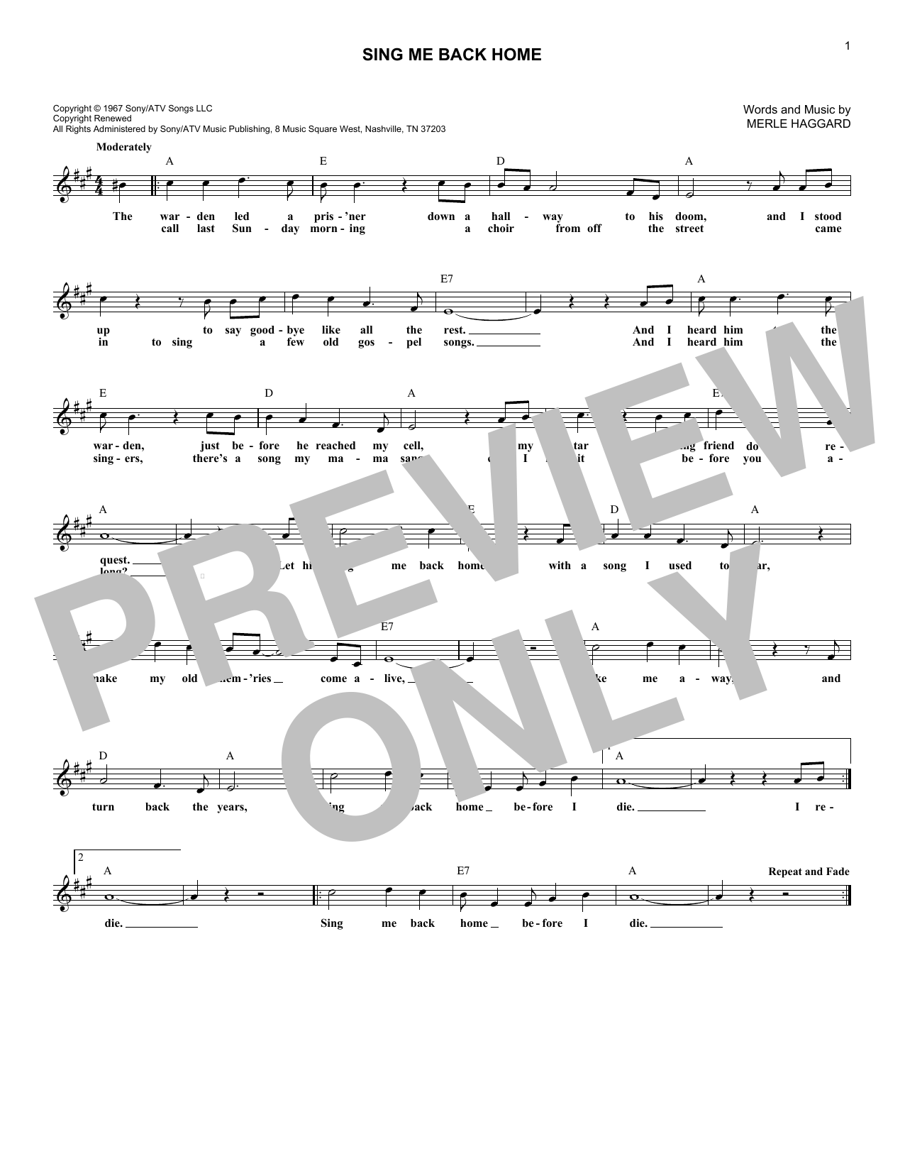 Download Merle Haggard Sing Me Back Home Sheet Music and learn how to play Piano, Vocal & Guitar Chords (Right-Hand Melody) PDF digital score in minutes