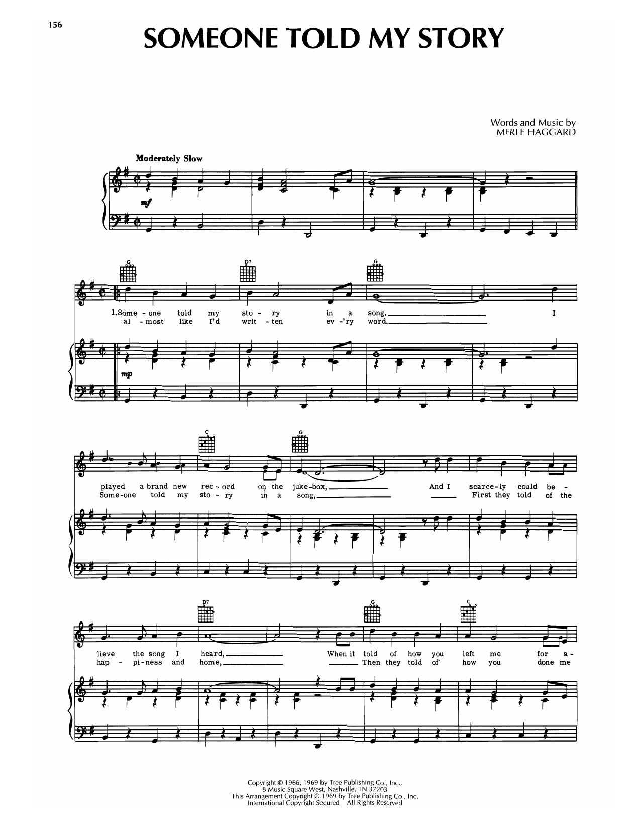Download Merle Haggard Someone Told My Story Sheet Music and learn how to play Piano, Vocal & Guitar Chords (Right-Hand Melody) PDF digital score in minutes