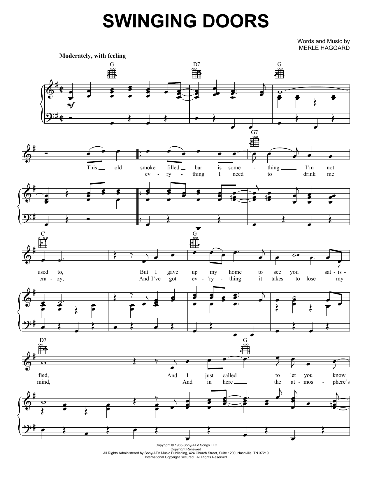 Download Merle Haggard Swinging Doors Sheet Music and learn how to play Piano, Vocal & Guitar Chords (Right-Hand Melody) PDF digital score in minutes