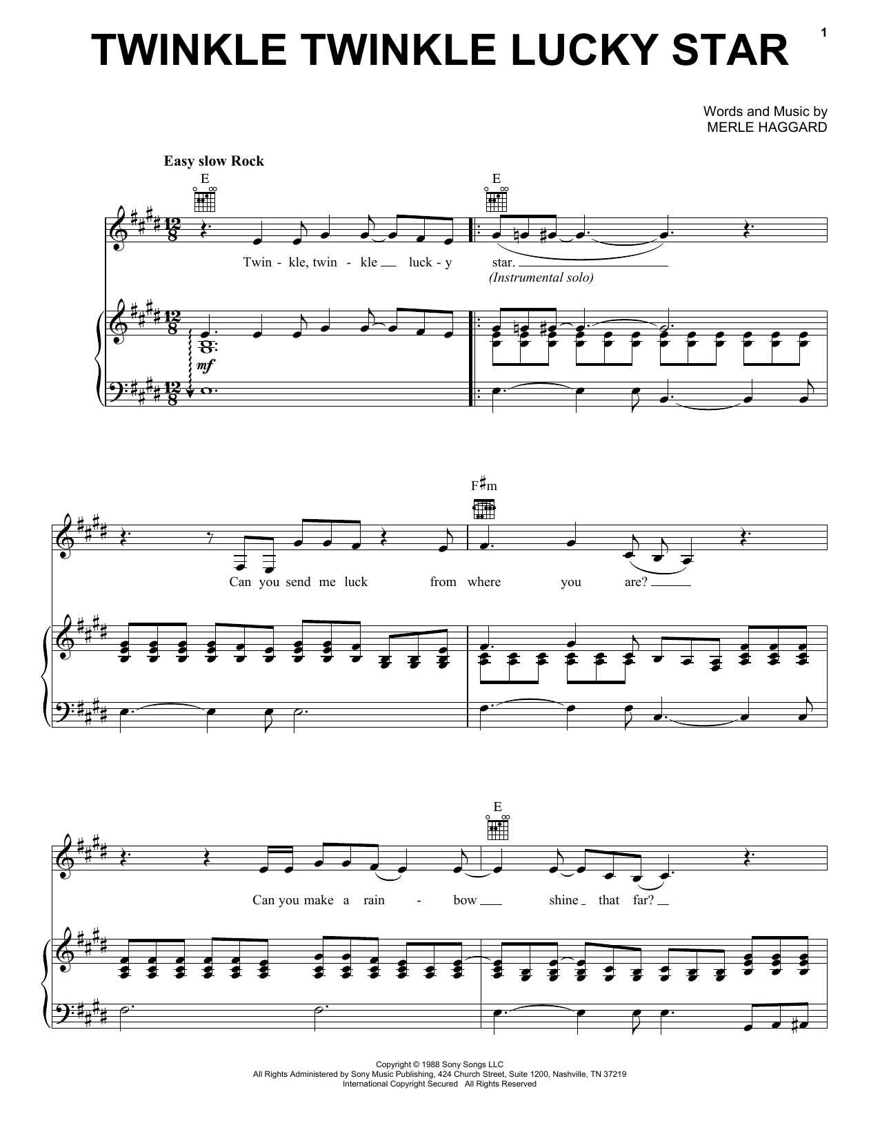 Download Merle Haggard Twinkle Twinkle Lucky Star Sheet Music and learn how to play Piano, Vocal & Guitar Chords (Right-Hand Melody) PDF digital score in minutes