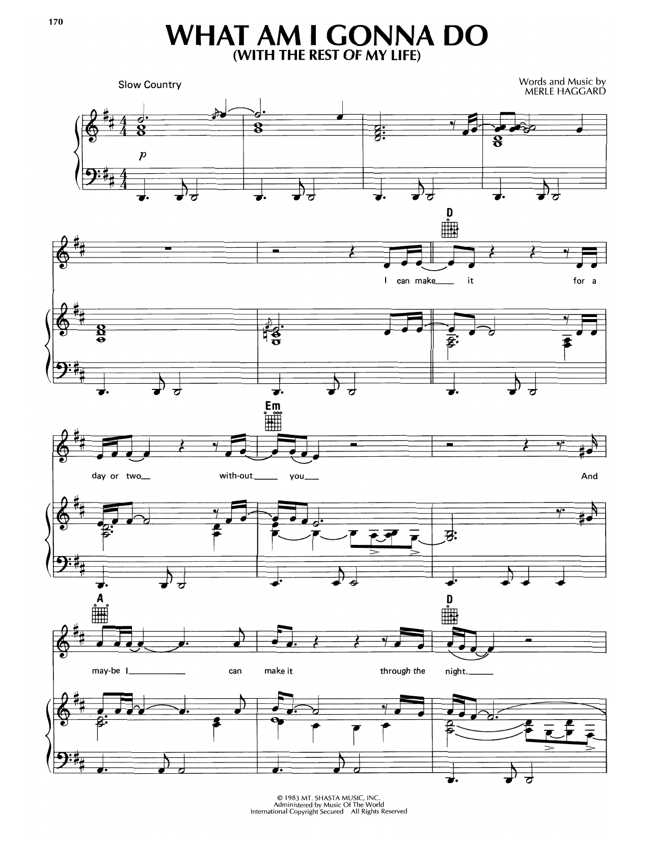 Download Merle Haggard What Am I Gonna Do (With The Rest Of My Life) Sheet Music and learn how to play Piano, Vocal & Guitar Chords (Right-Hand Melody) PDF digital score in minutes