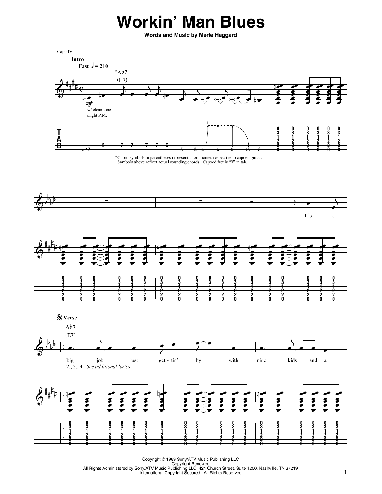 Download Merle Haggard Workin' Man Blues Sheet Music and learn how to play Solo Guitar PDF digital score in minutes