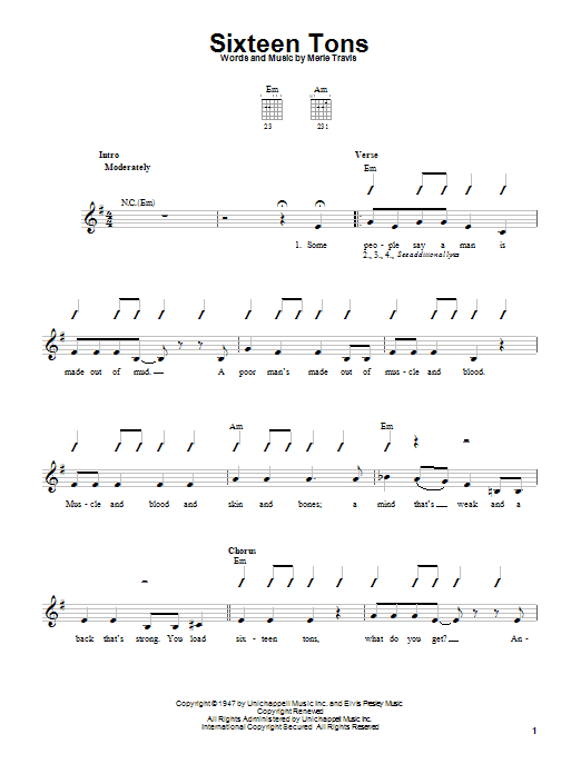 Download Merle Travis Sixteen Tons Sheet Music and learn how to play Easy Guitar PDF digital score in minutes