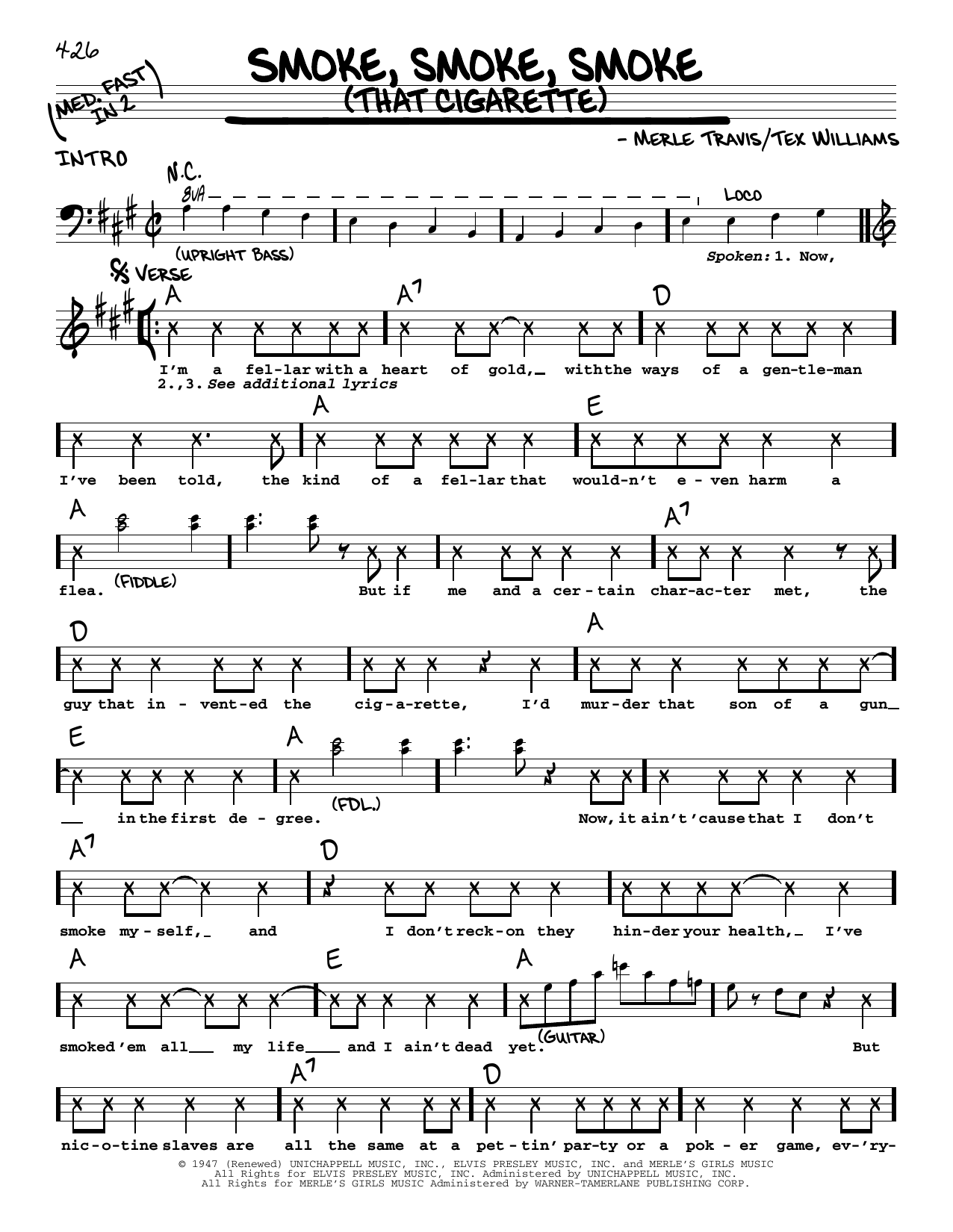 Download Merle Travis Smoke! Smoke! Smoke! (That Cigarette) Sheet Music and learn how to play Real Book – Melody, Lyrics & Chords PDF digital score in minutes