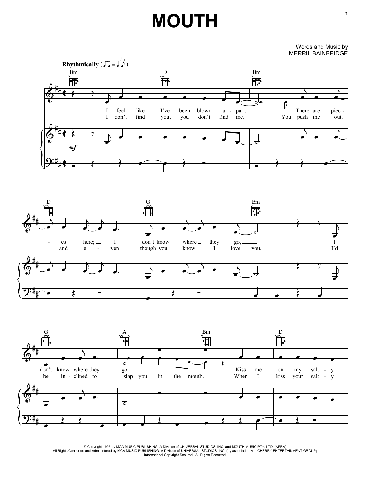Download Merril Bainbridge Mouth Sheet Music and learn how to play Piano, Vocal & Guitar Chords (Right-Hand Melody) PDF digital score in minutes