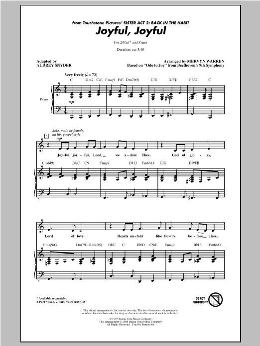 Download Mervyn Warren Joyful, Joyful (from Sister Act 2) (arr. Audrey Snyder) Sheet Music and learn how to play 3-Part Mixed PDF digital score in minutes
