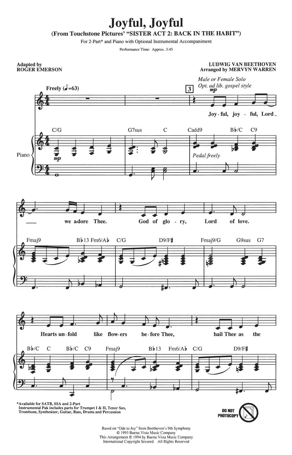 Download Mervyn Warren Joyful, Joyful (from Sister Act 2) (arr. Roger Emerson) Sheet Music and learn how to play SSA Choir PDF digital score in minutes