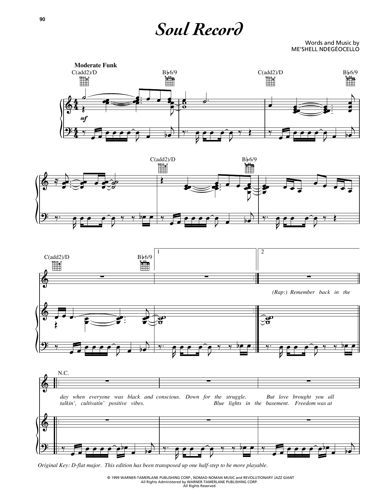 Download Me'Shell Ndegeocello Soul Record Sheet Music and learn how to play Piano, Vocal & Guitar Chords (Right-Hand Melody) PDF digital score in minutes