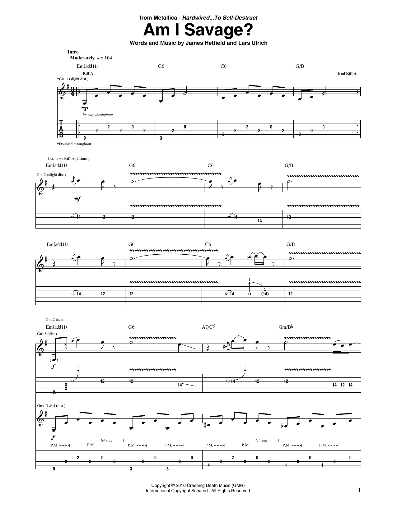 Download Metallica Am I Savage? Sheet Music and learn how to play Guitar Tab PDF digital score in minutes