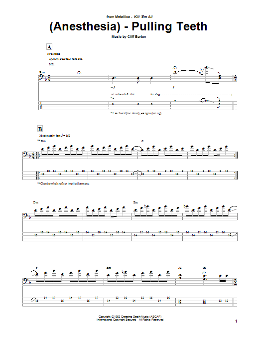 Download Metallica (Anesthesia) - Pulling Teeth Sheet Music and learn how to play Bass Guitar Tab PDF digital score in minutes