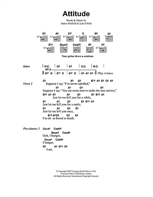 Download Metallica Attitude Sheet Music and learn how to play Lyrics & Chords PDF digital score in minutes