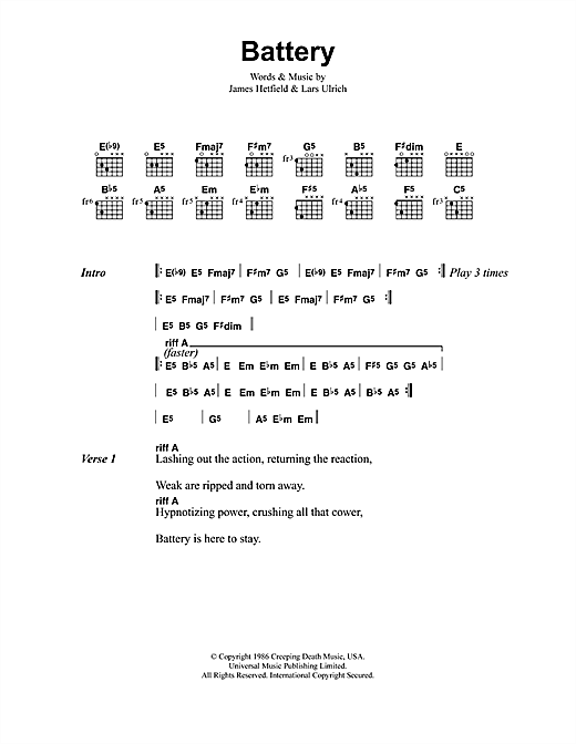 Download Metallica Battery Sheet Music and learn how to play Lyrics & Chords PDF digital score in minutes