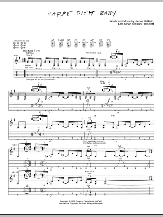 Download Metallica Carpe Diem Baby Sheet Music and learn how to play Bass Guitar Tab PDF digital score in minutes