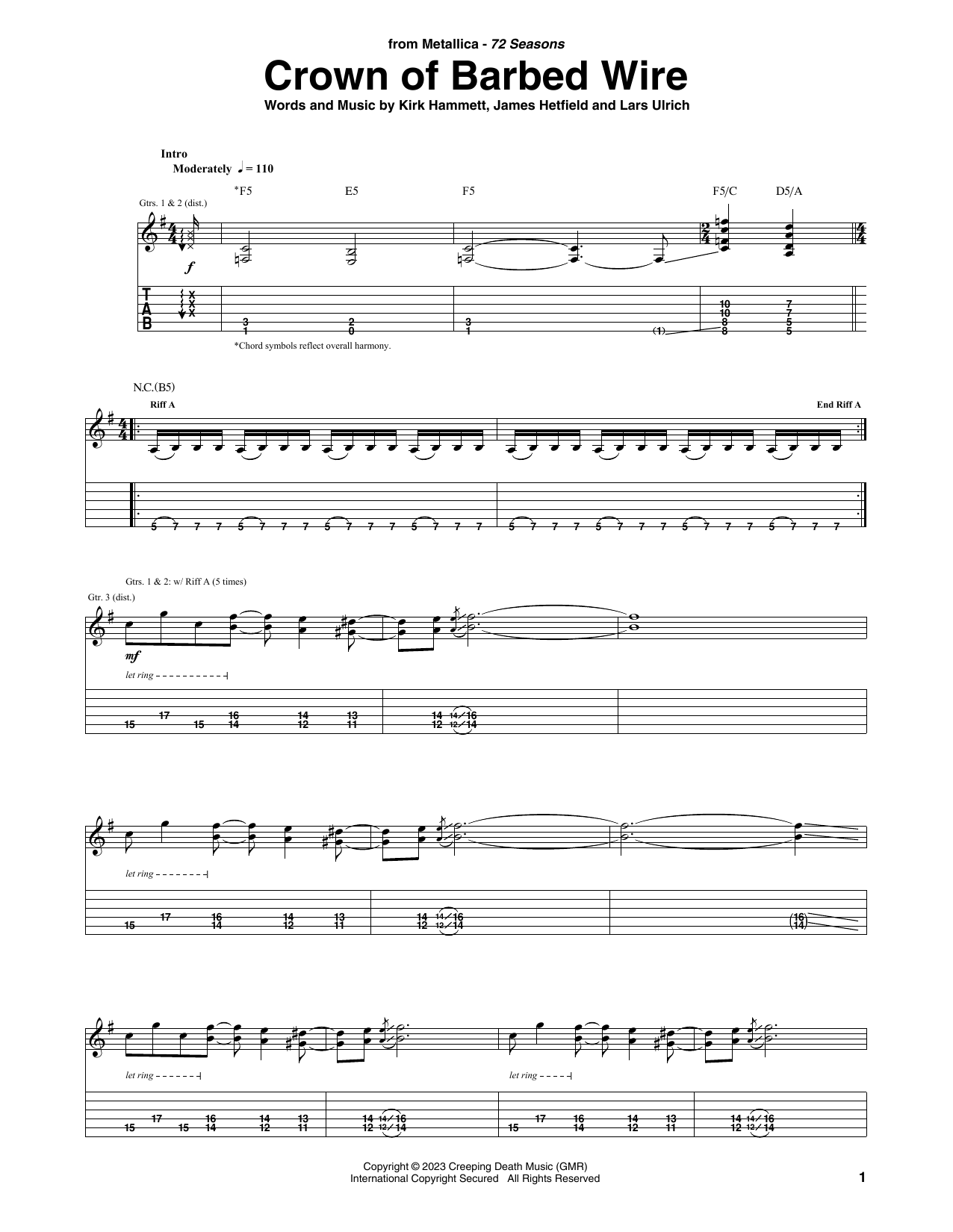Download Metallica Crown Of Barbed Wire Sheet Music and learn how to play Guitar Tab PDF digital score in minutes