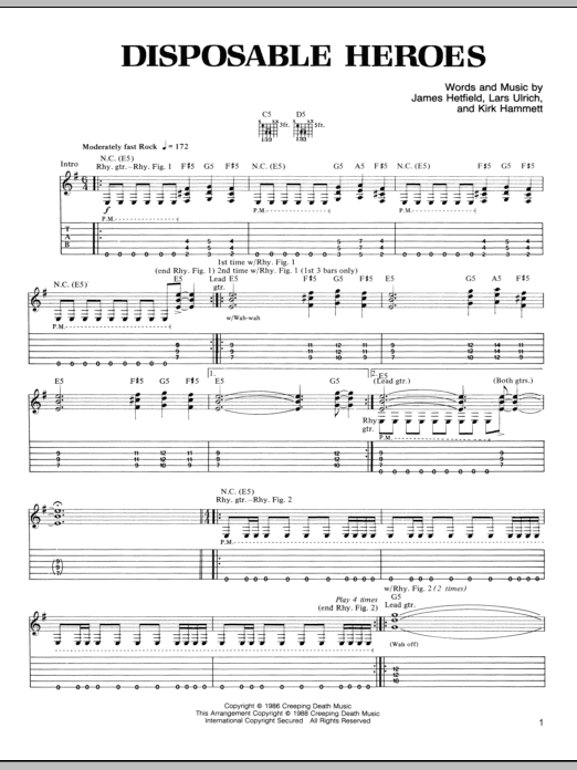 Download Metallica Disposable Heroes Sheet Music and learn how to play Lyrics & Chords PDF digital score in minutes