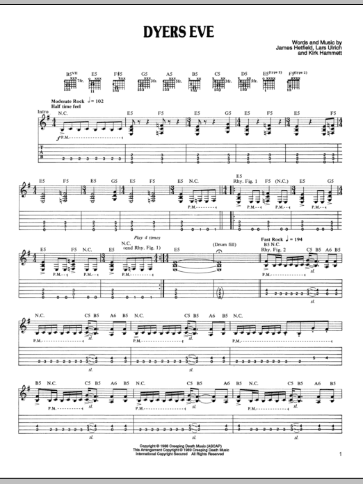Download Metallica Dyers Eve Sheet Music and learn how to play Lyrics & Chords PDF digital score in minutes