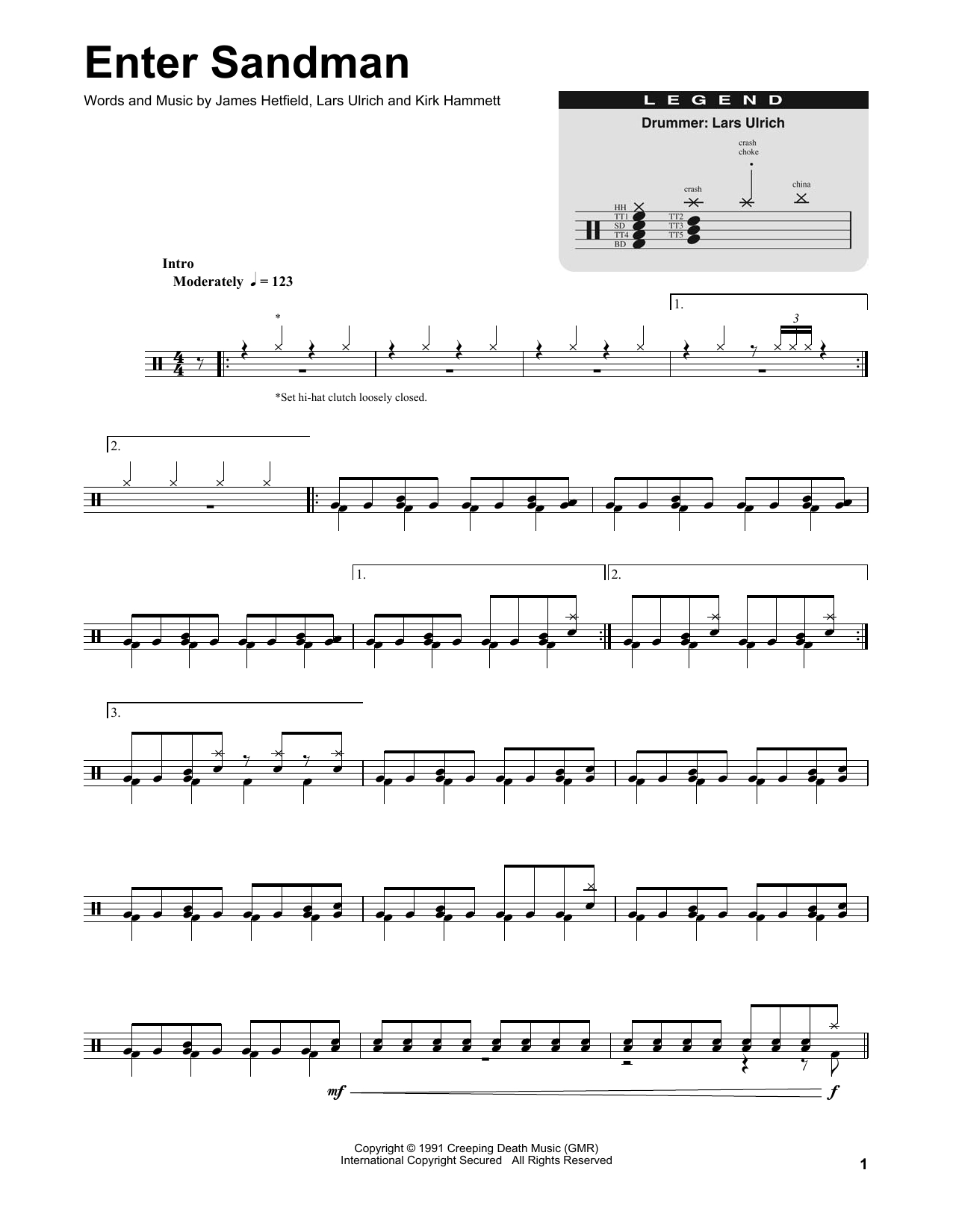 Metallica Enter Sandman Sheet Music Notes Download Printable. 