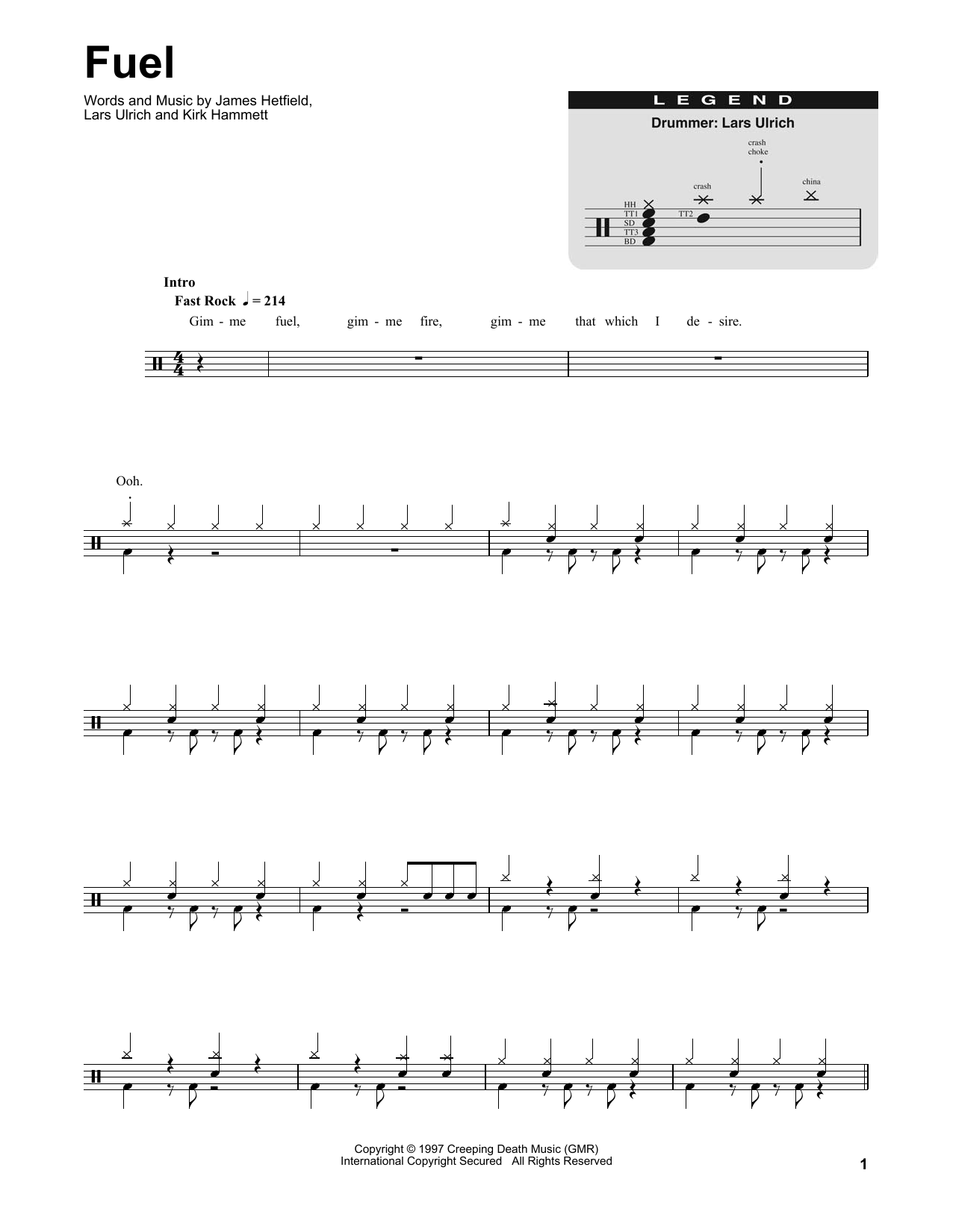 Download Metallica Fuel Sheet Music and learn how to play Drums Transcription PDF digital score in minutes