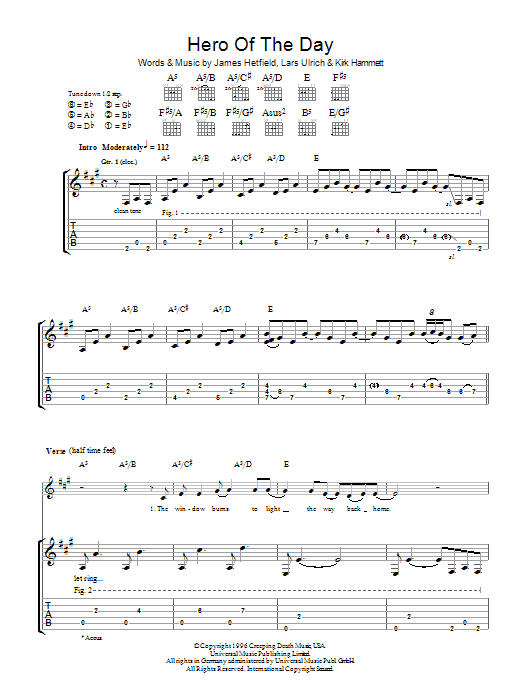 Download Metallica Hero Of The Day Sheet Music and learn how to play Guitar Tab PDF digital score in minutes