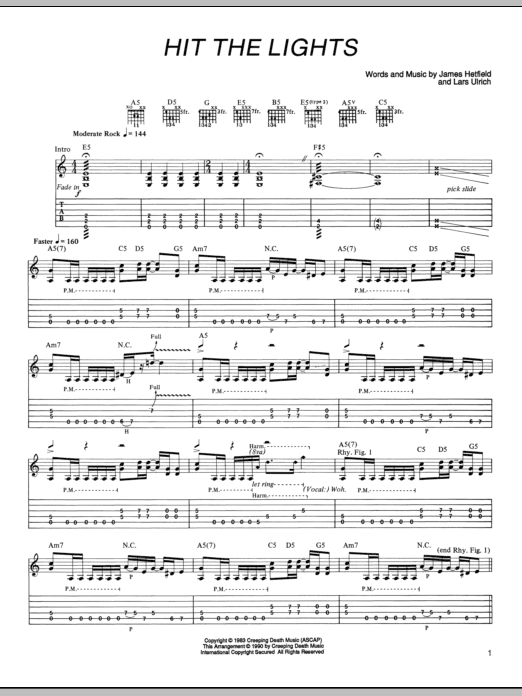 Download Metallica Hit The Lights Sheet Music and learn how to play Guitar Tab PDF digital score in minutes