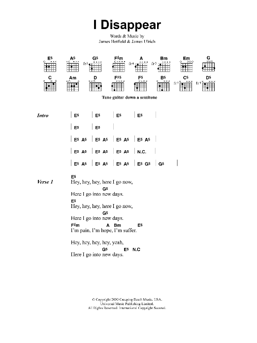 Download Metallica I Disappear Sheet Music and learn how to play Lyrics & Chords PDF digital score in minutes