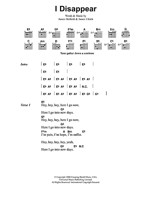 Download Metallica I Disappear Sheet Music and learn how to play Lyrics & Chords PDF digital score in minutes