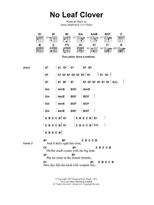 Download Metallica No Leaf Clover Sheet Music and learn how to play Lyrics & Chords PDF digital score in minutes