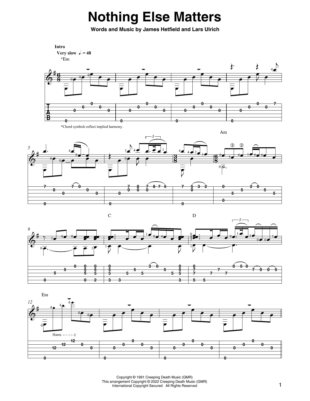 Download Metallica Nothing Else Matters (arr. Ben Pila) Sheet Music and learn how to play Solo Guitar PDF digital score in minutes