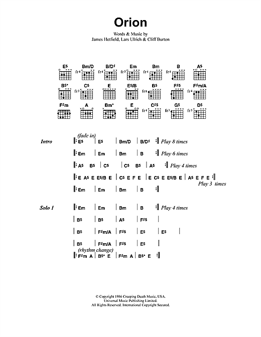 Download Metallica Orion Sheet Music and learn how to play Lyrics & Chords PDF digital score in minutes