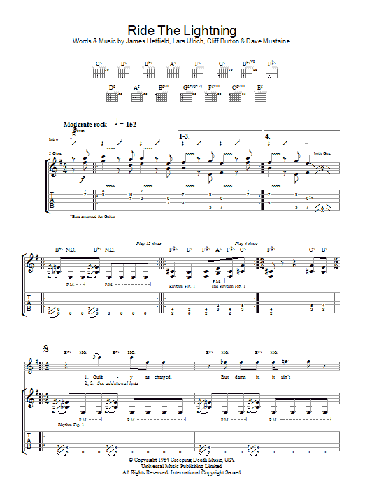Download Metallica Ride The Lightning Sheet Music and learn how to play Bass Guitar Tab PDF digital score in minutes