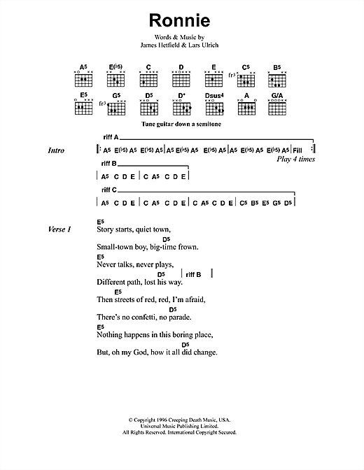 Download Metallica Ronnie Sheet Music and learn how to play Lyrics & Chords PDF digital score in minutes