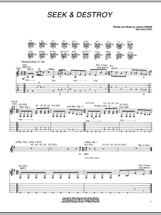 Download Metallica Seek & Destroy Sheet Music and learn how to play Guitar Tab Play-Along PDF digital score in minutes