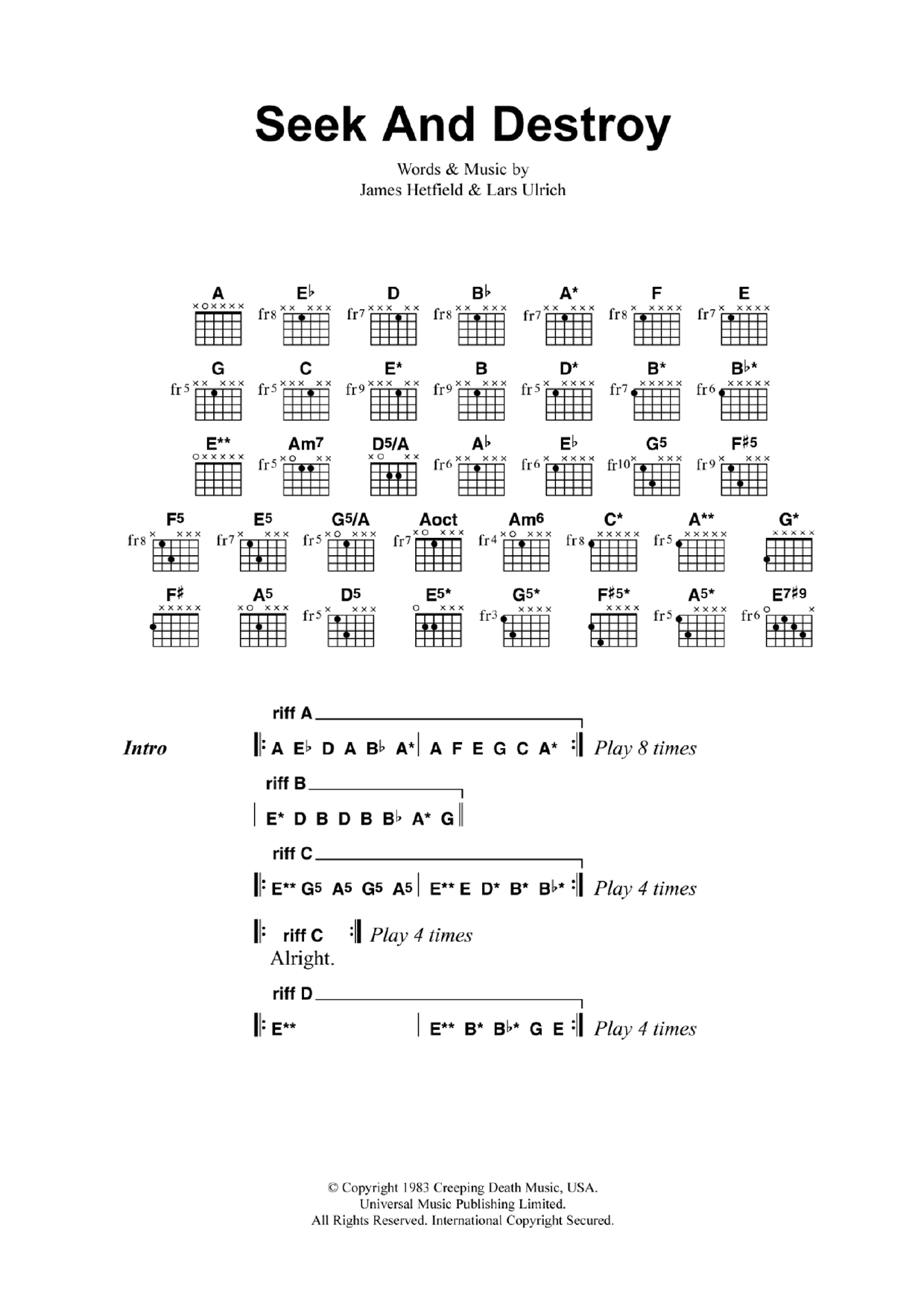 Download Metallica Seek And Destroy Sheet Music and learn how to play Lyrics & Chords PDF digital score in minutes