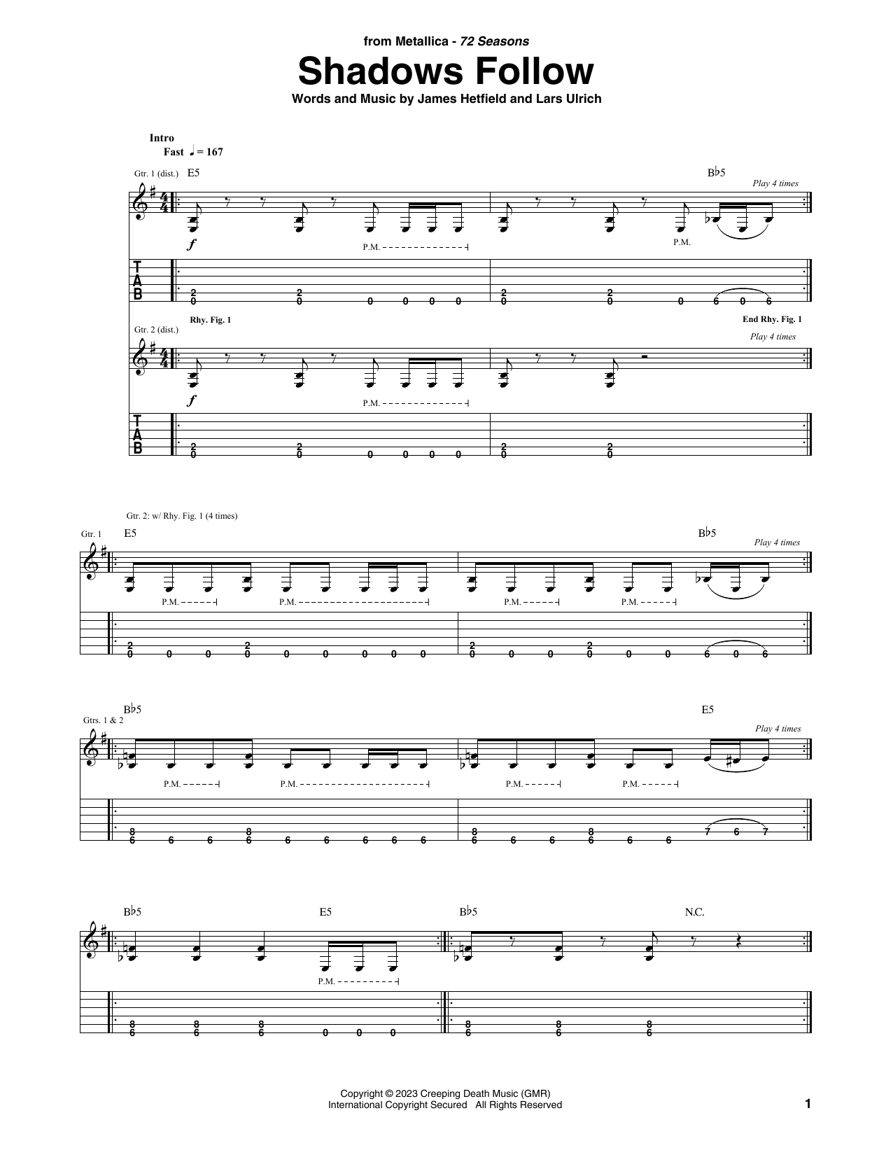 Download Metallica Shadows Follow Sheet Music and learn how to play Guitar Tab PDF digital score in minutes