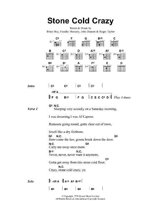 Download Metallica Stone Cold Crazy Sheet Music and learn how to play Lyrics & Chords PDF digital score in minutes