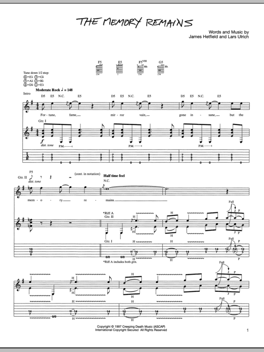 Download Metallica The Memory Remains Sheet Music and learn how to play Guitar Tab PDF digital score in minutes