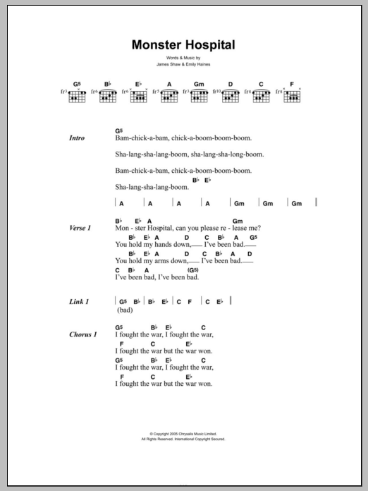 Download Metric Monster Hospital Sheet Music and learn how to play Lyrics & Chords PDF digital score in minutes