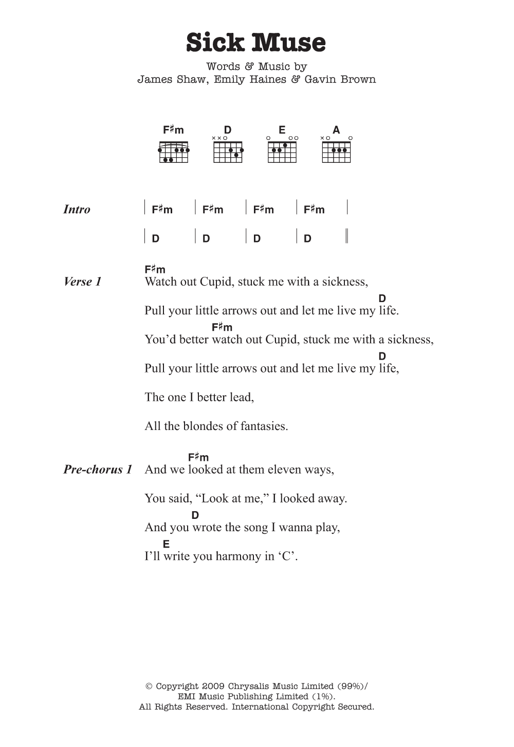 Download Metric Sick Muse Sheet Music and learn how to play Lyrics & Chords PDF digital score in minutes