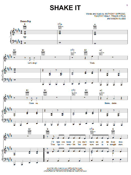 Download Metro Station Shake It Sheet Music and learn how to play Piano, Vocal & Guitar (Right-Hand Melody) PDF digital score in minutes