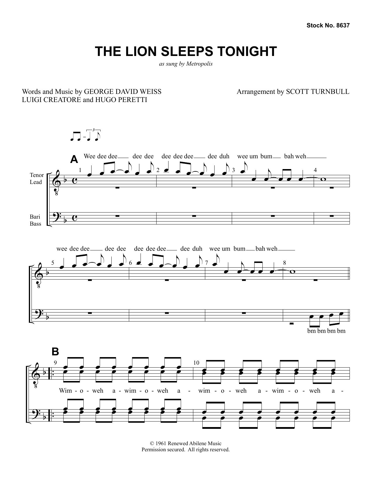 Download Metropolis The Lion Sleeps Tonight (arr. Scott Turnbull) Sheet Music and learn how to play TTBB Choir PDF digital score in minutes