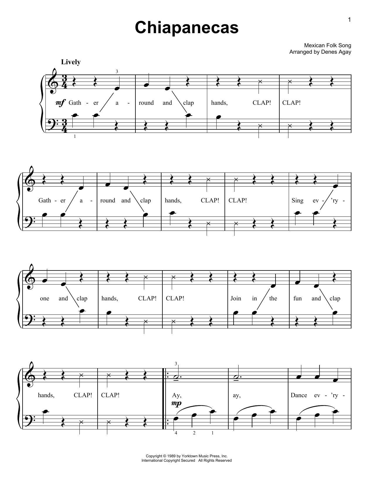 Download Mexican Folk Song Chiapanecas (arr. Denes Agay) Sheet Music and learn how to play Easy Piano PDF digital score in minutes