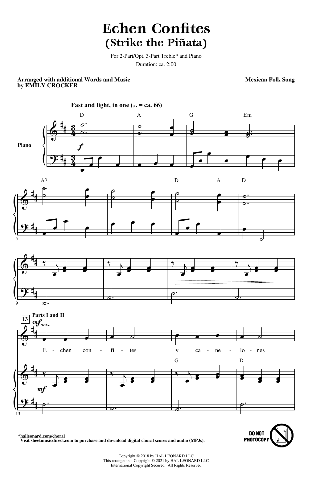 Download Mexican Folk Song Echen Confites (Strike the Piñata) (arr. Emily Crocker) Sheet Music and learn how to play 2-Part Choir, 3-Part Mixed Choir PDF digital score in minutes