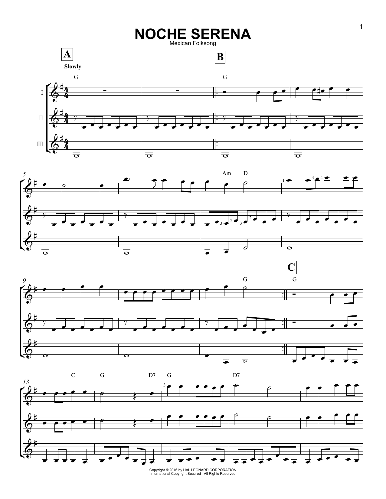 Download Mexican Folksong Noche Serena Sheet Music and learn how to play GTRENS PDF digital score in minutes