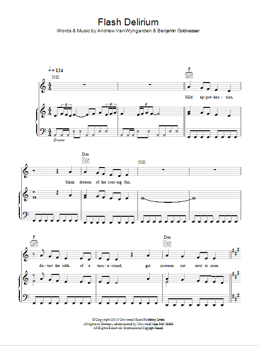 Download MGMT Flash Delirium Sheet Music and learn how to play Piano, Vocal & Guitar (Right-Hand Melody) PDF digital score in minutes