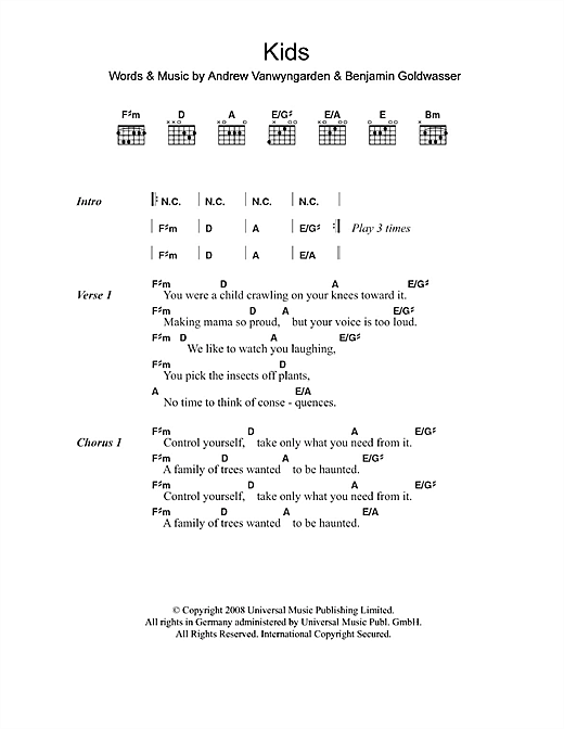 Download MGMT Kids Sheet Music and learn how to play Lyrics & Piano Chords PDF digital score in minutes