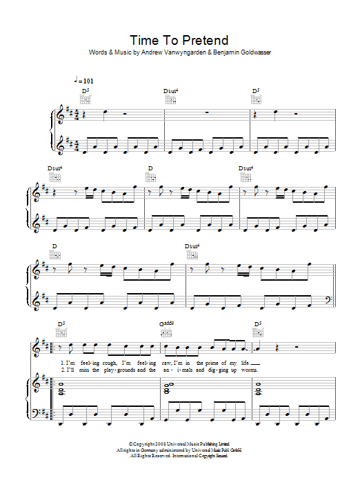 Download MGMT Time To Pretend Sheet Music and learn how to play Piano, Vocal & Guitar PDF digital score in minutes